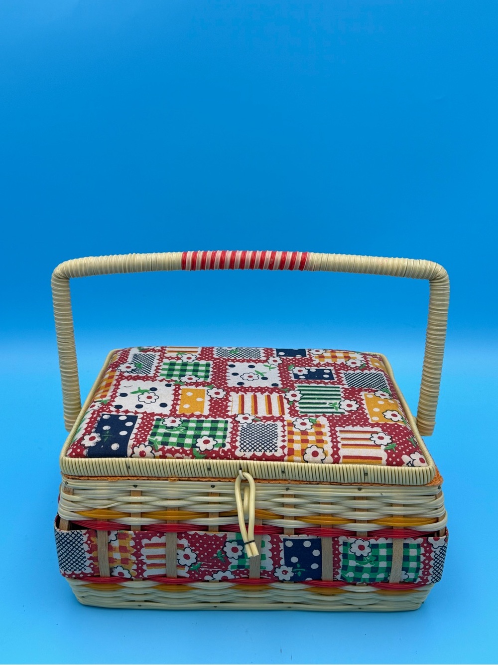 Vintage Wicker Patchwork Sewing Basket W/ Handle & Interior Pin Cushion Insert